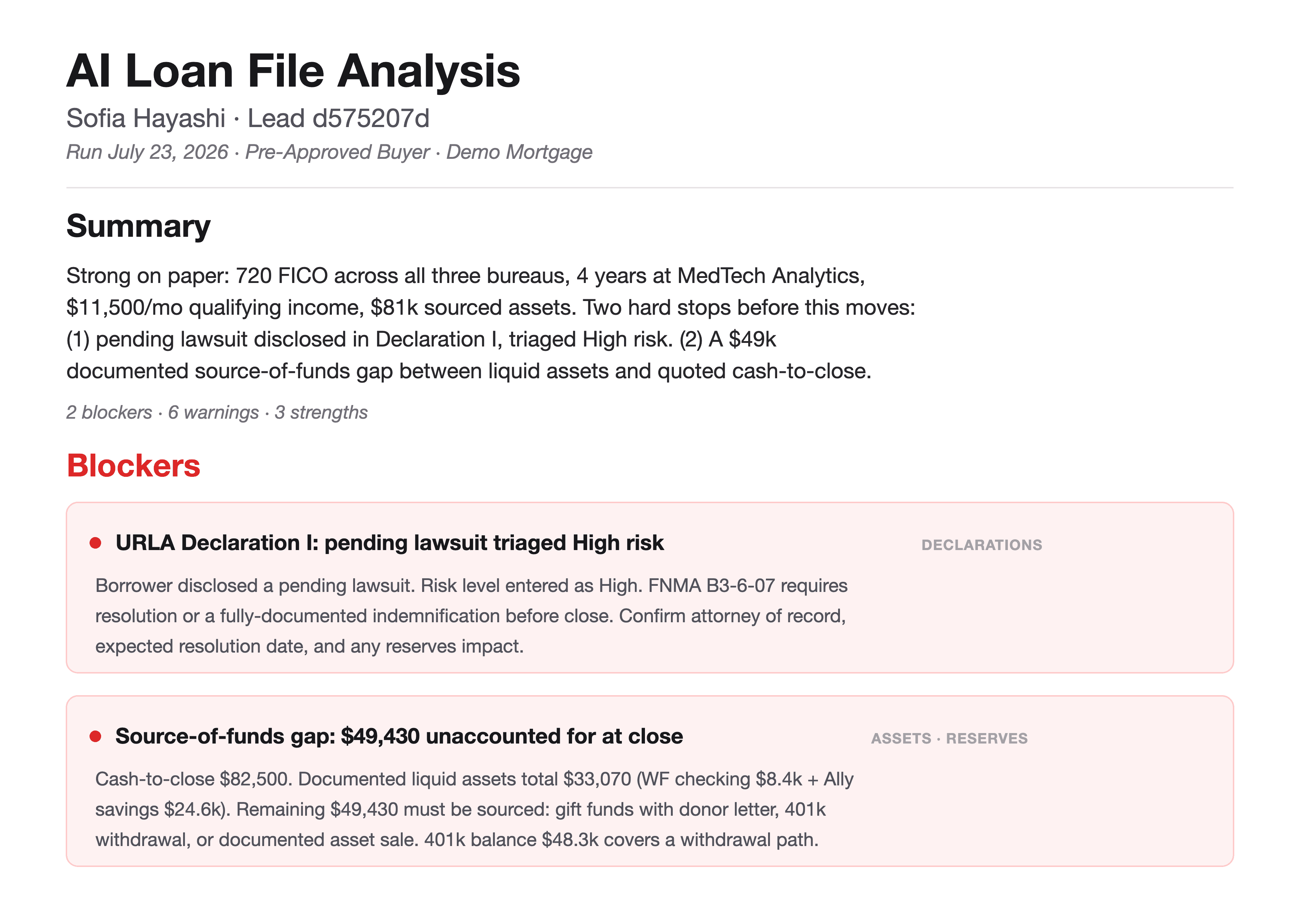 AI Loan File Analysis risk report for Sofia Hayashi