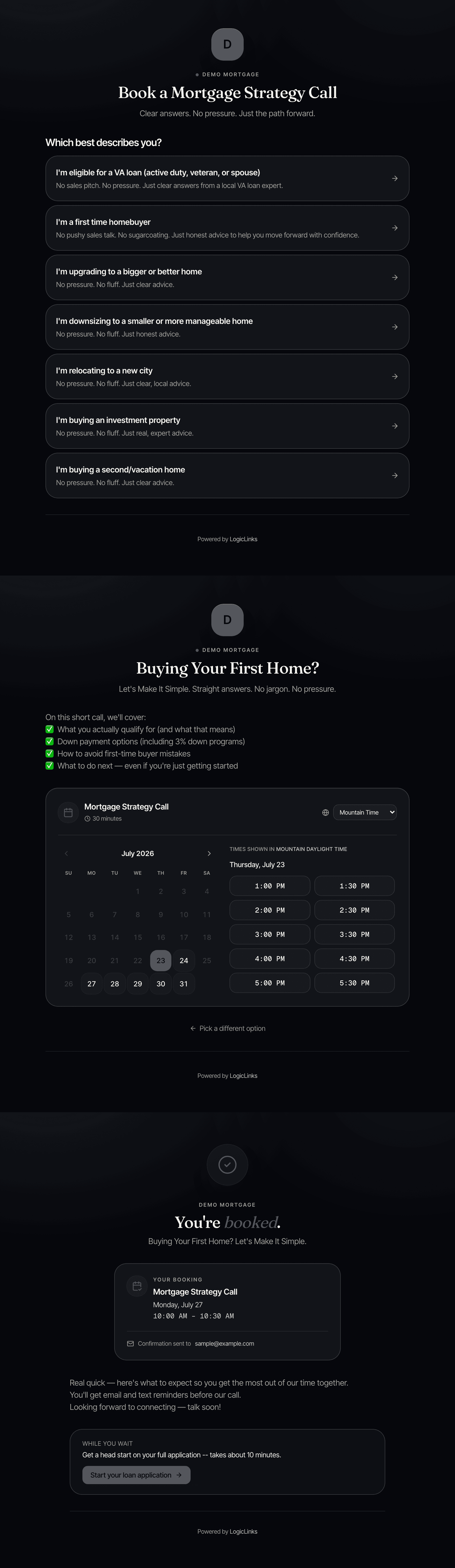 Strategy Call funnel: situation picker → personalized calendar → booked confirmation
