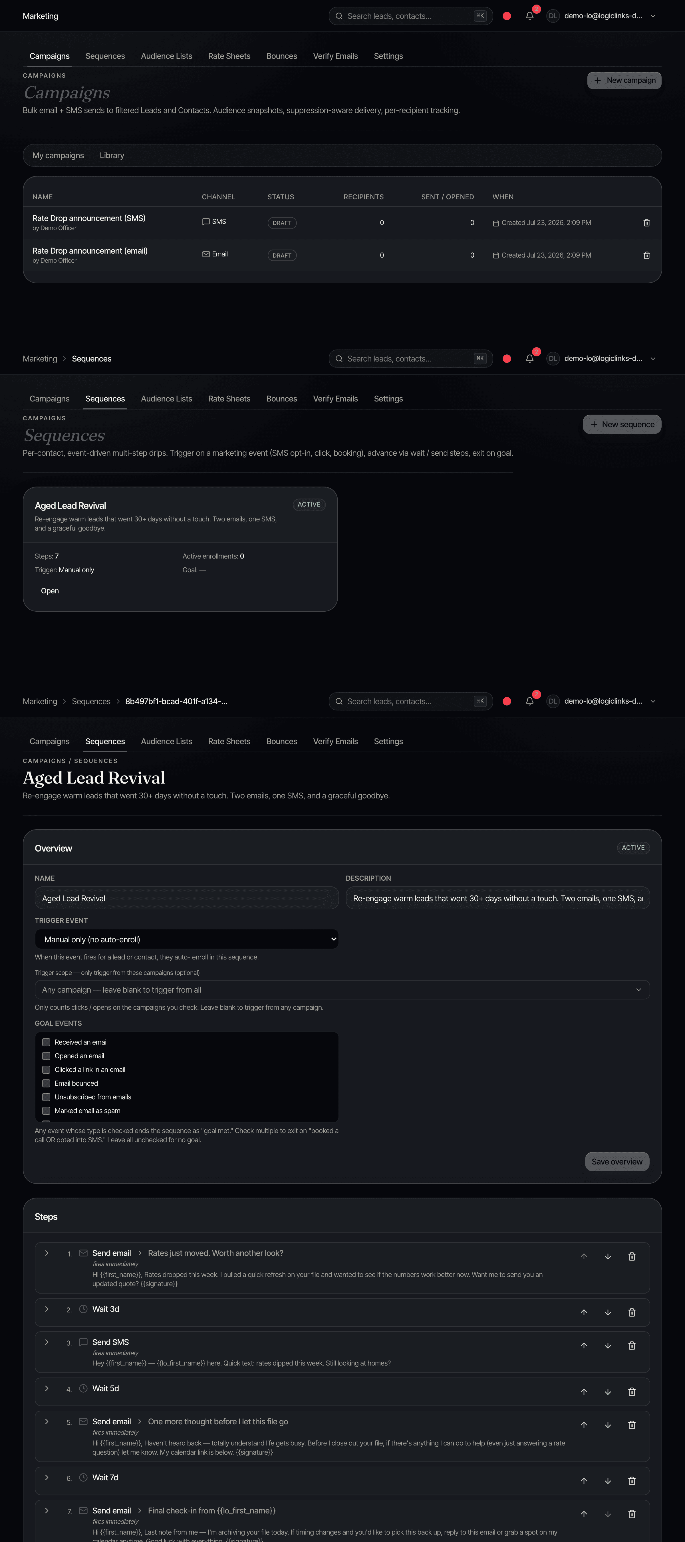 Campaigns list + Sequences list + Aged Lead Revival sequence detail with 7 steps