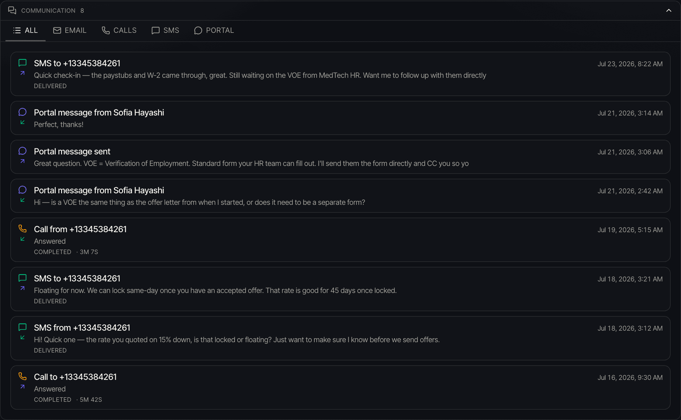 Communication section on a lead: email + SMS + calls + portal messages in one timeline