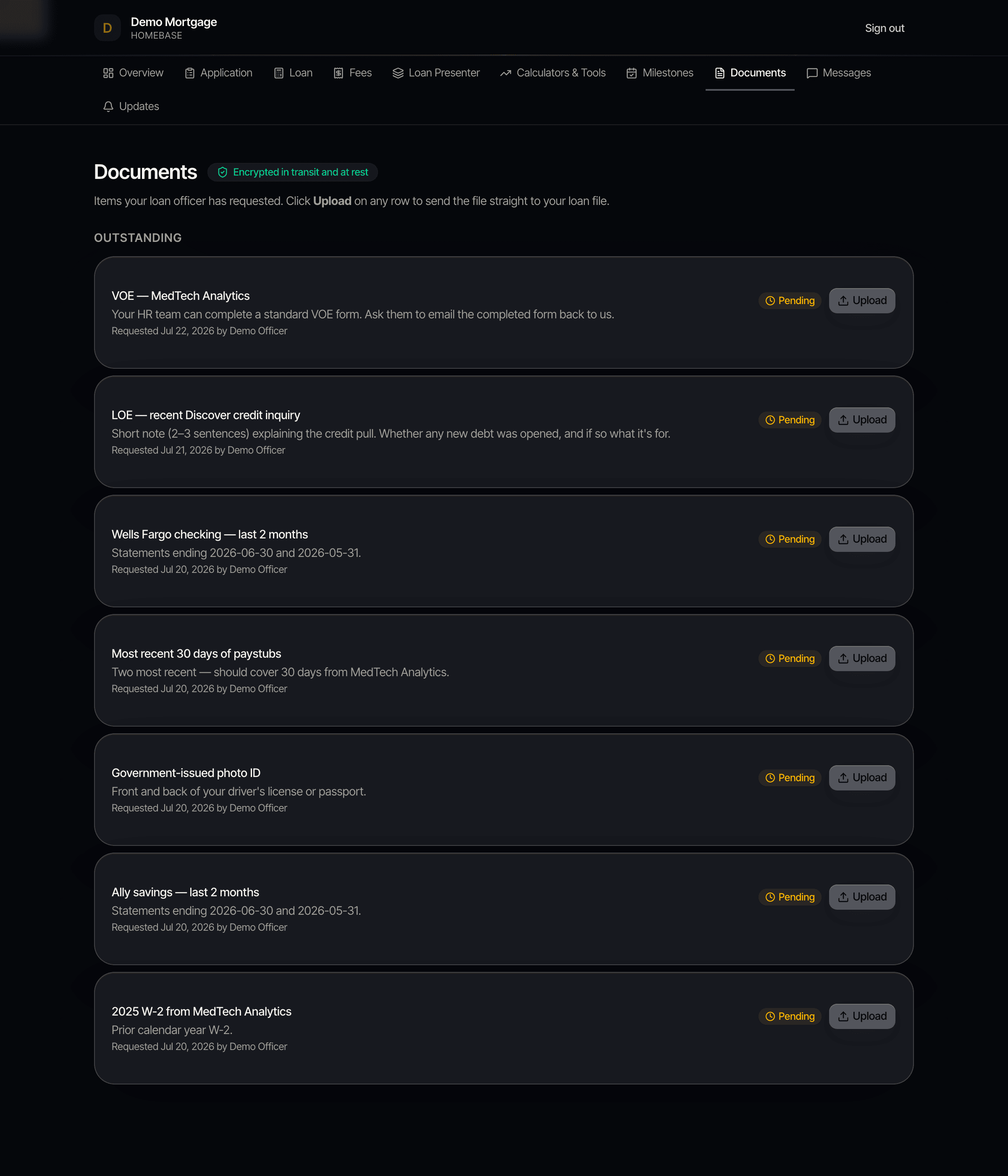 Borrower portal Documents page with 7 outstanding requests