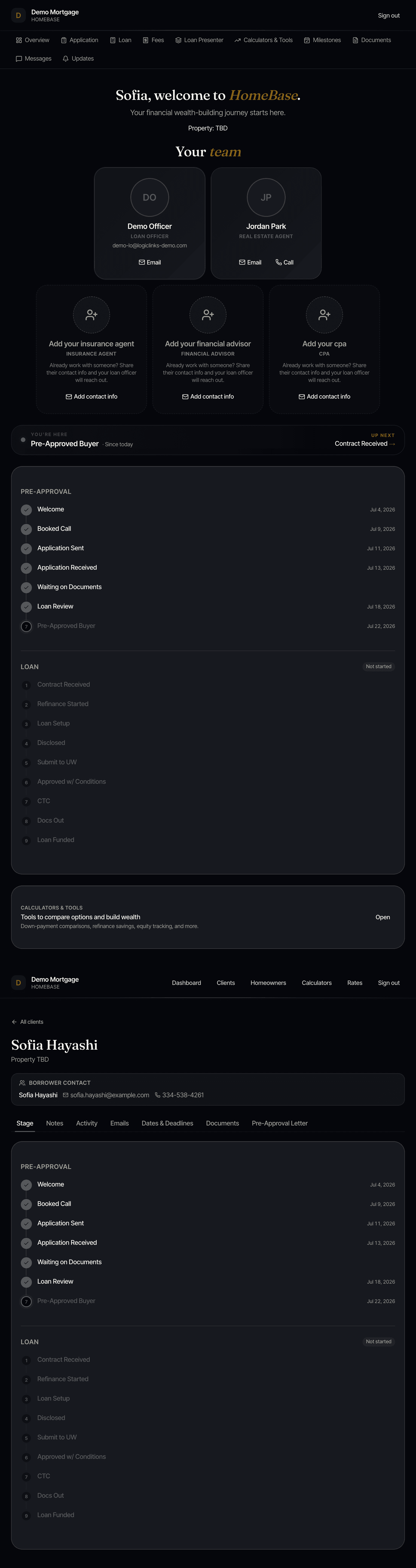 HomeBase Portal: borrower dashboard + realtor per-lead stage view