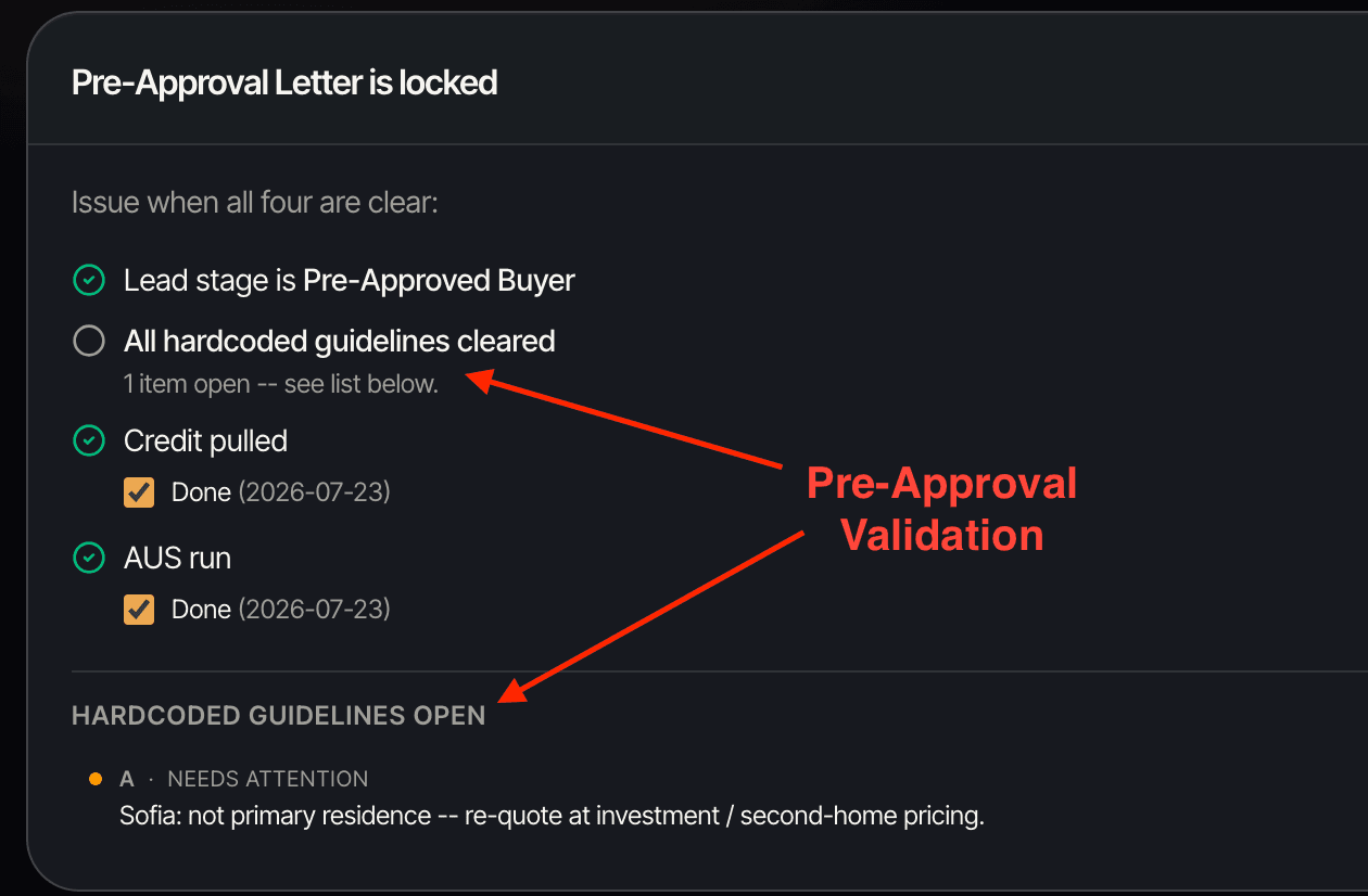 Pre-approval letter locked with hardcoded guideline blocker open